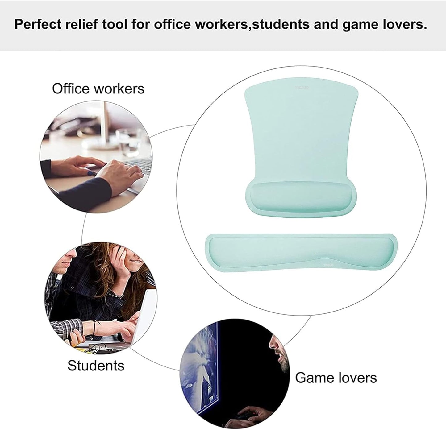 MOSISO Wrist Rest Support for Mouse Pad & Keyboard Set, Ergonomic Mousepad Non-Slip Base Home/Office Pain Relief & Easy Typing Cushion with Neoprene Cloth & Raised Memory Foam, Mint Green