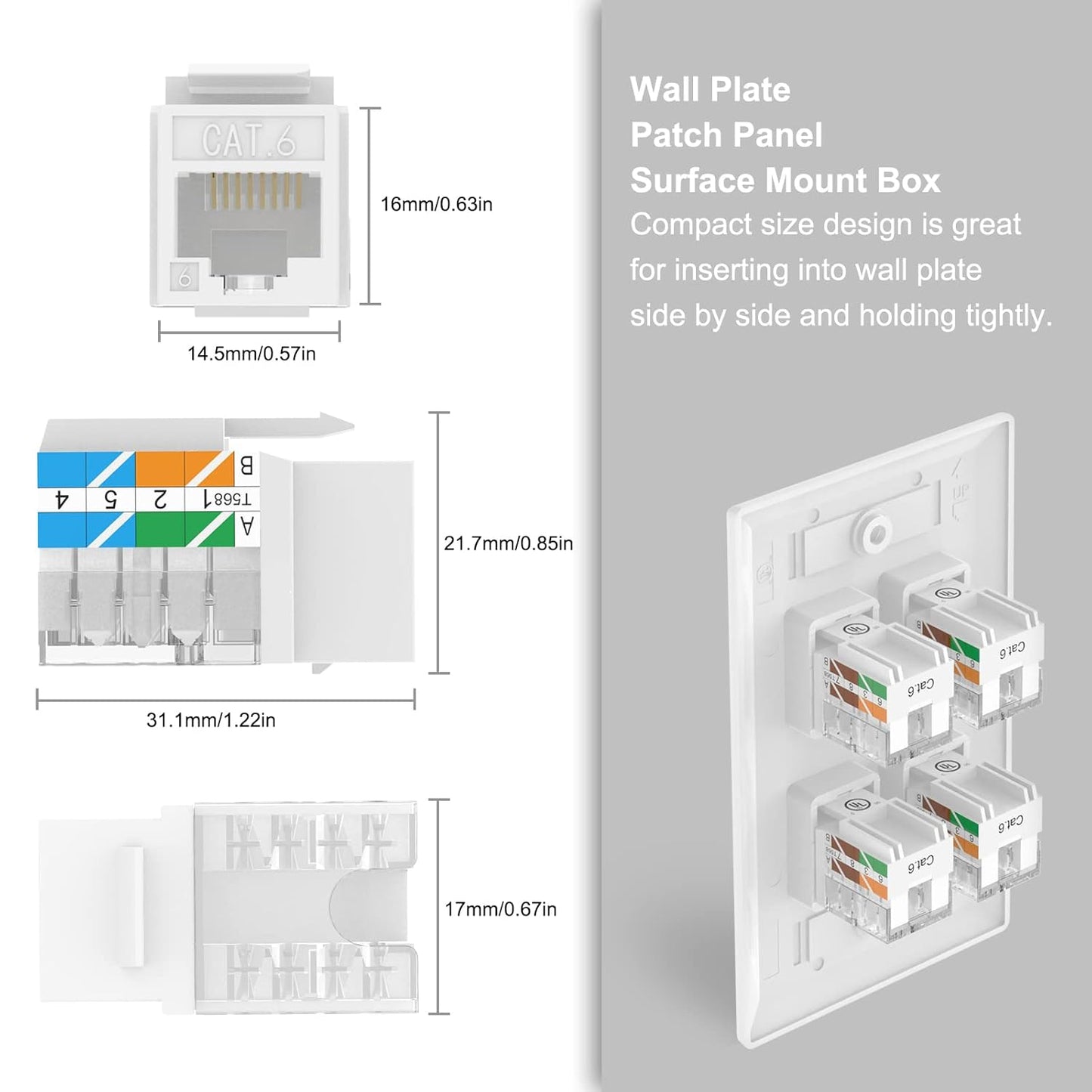 VCE UL Listed 10Gbps Cat6 Keystone Jack Insert 25-Pack, 90 Degree Punch Down RJ45 Keystone Jack Adapter Slim Profile for Patch Panel and Wall Plate