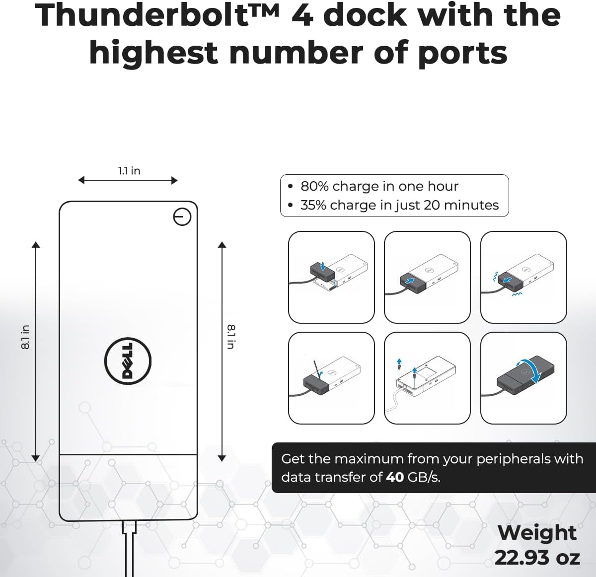 WD22TB4 Dell Docking Station Thunderbolt 4 Dock, 180W AC Adapter, HDMI Cable, DisplayPort Cable, USB-C Cable, Dell Docking Station (Renewed)