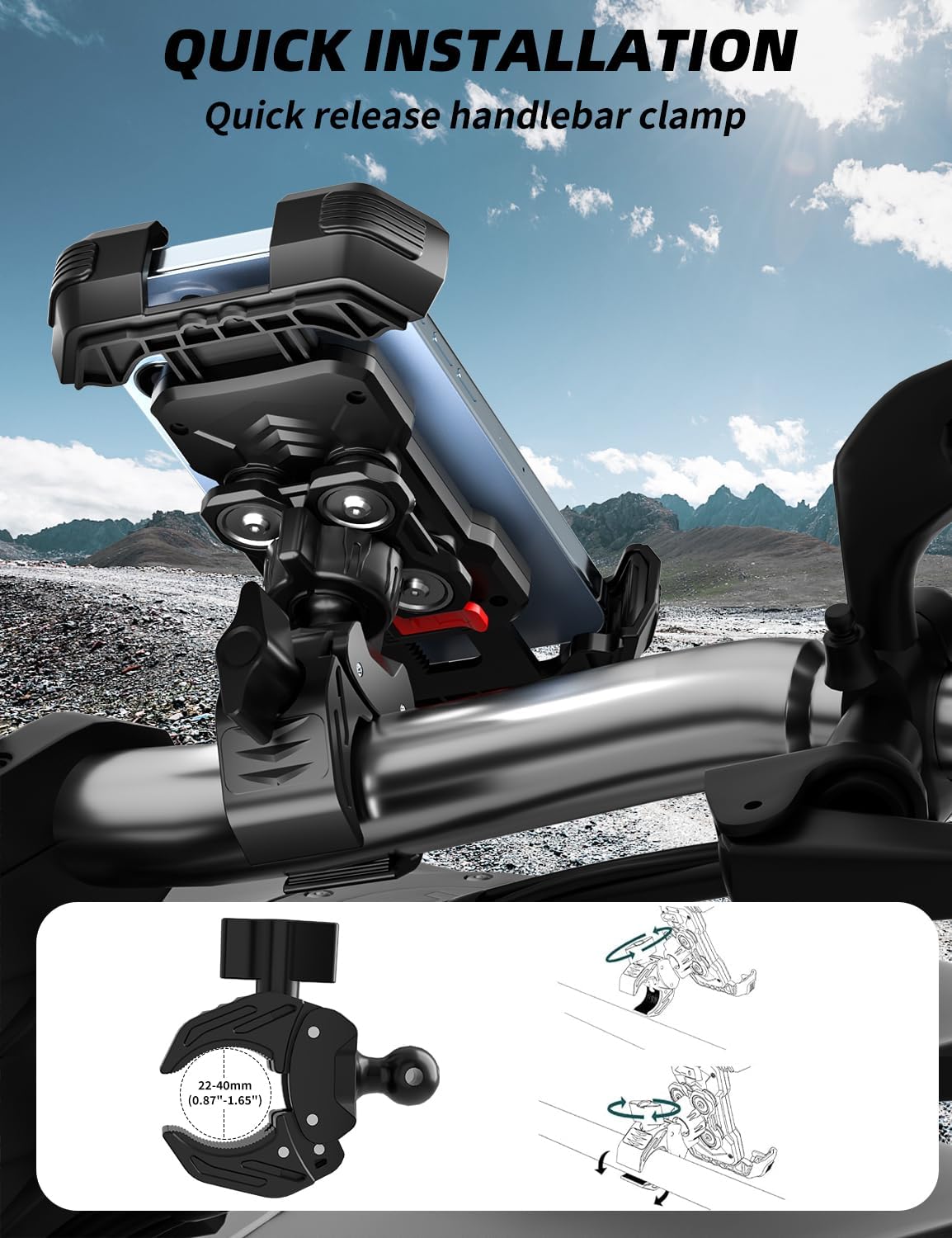 Bike Phone Holder, 360° Adjustable Motorbike Phone Holder for 4.7"-7.2" Smartphones Phone Bicycle, Motorcycle Mirror Mount, Universal Handlebar Phone Mount for MTB/Scooter/Dirt