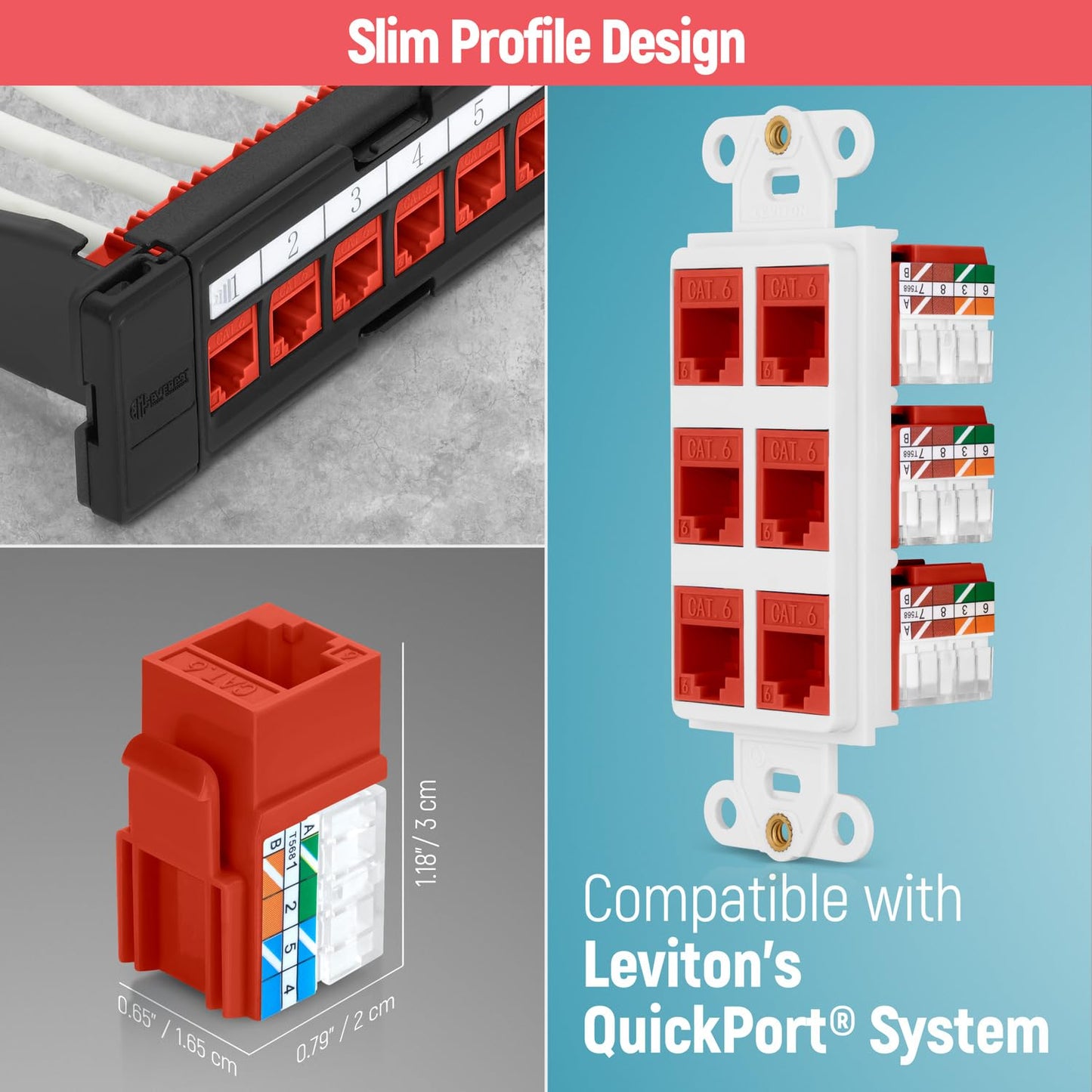 Everest 90° Angled RJ45 Cat6 Keystone Jacks 100-Pack in Orange - Slim Profile Female RJ45 Connectors - Cat 6 Keystone Jack - Compatible with 90° Angled Speed Termination Tool - easyJACK (B094WB91H3)