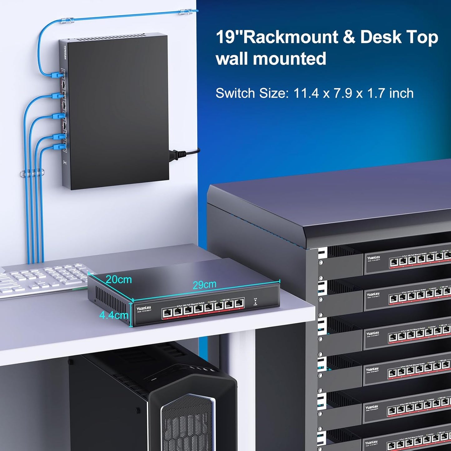 YuanLey 8 Port 10G PoE Switch Unmanaged, 8 x 10G Base-T PoE Ports, IEEE802.3af/at, 110W Built-in Power, Compatible with 1G/2.5G/5G/10G, Metal Case, Rackmount/Wall Mount 10Gbe Network Switch