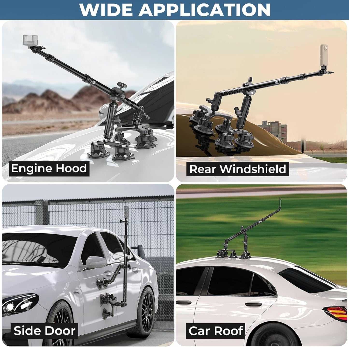 Suction Cup Car Mount - Aluminum Alloy Extendable Selfie Stick, Five 3.5" Large Suction Cup Car Windshield Camera Mount with Tripod Adapter Compatible with GoPro Insta360 DJI Action Cameras