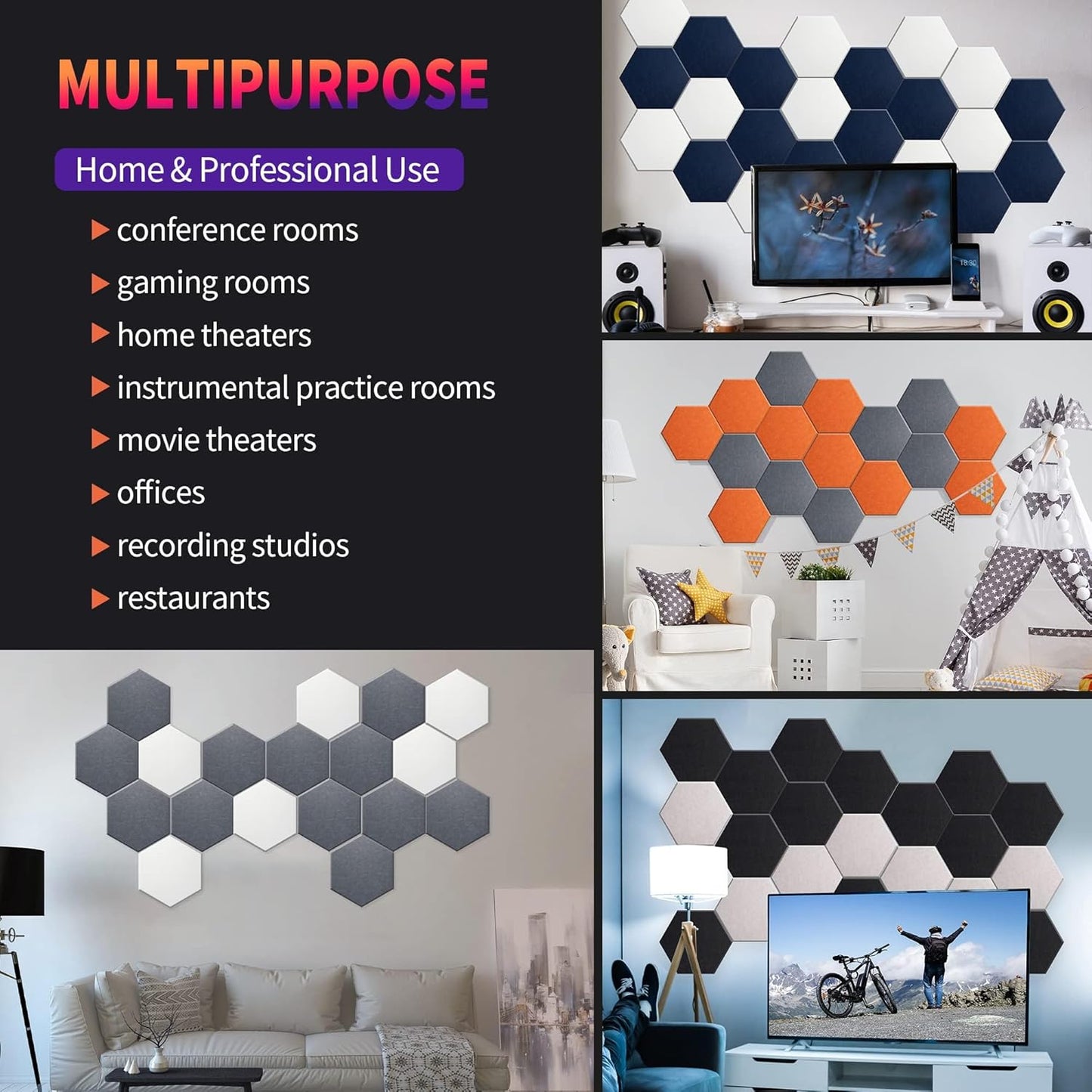 Mollywell Hexagon Acoustic Panels, High Density, Soundproofing, Decorative Noise Reduction Felt Wall Tiles for Ceilings, Home Office & Gaming Room (Afraica and Moon Gray), 14x12x0.4 Inch