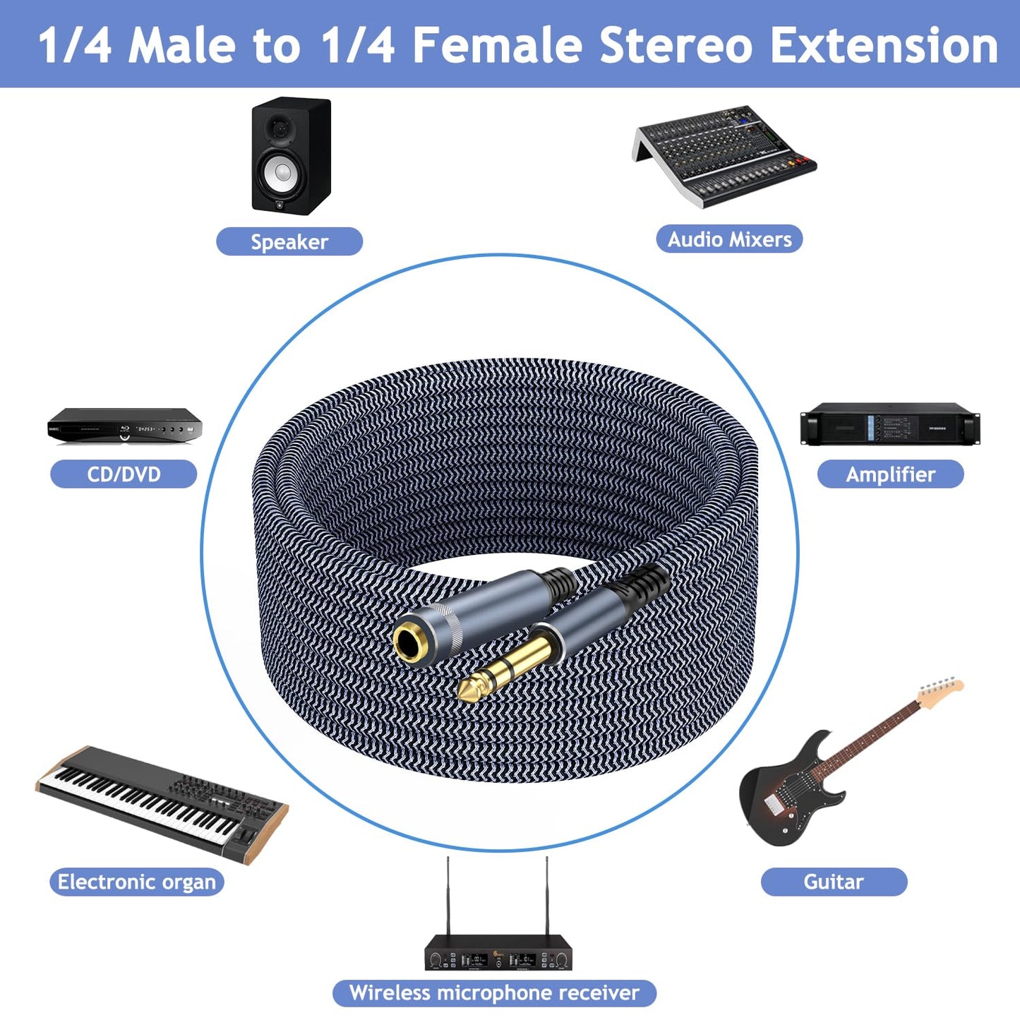 1/4 inch Extension Cable, 50ft, Male to Female Stereo Headphone Guitar Cable Copper Wire, Gold Plated Connectors, Tangle-Free, Compatible with Mixing Console, Speaker, Amplifier, Guitar