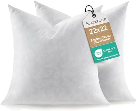 Feather Throw Pillow Inserts Set of 2, Soft Fluffy Square 22 x 22 Inches by Swandream