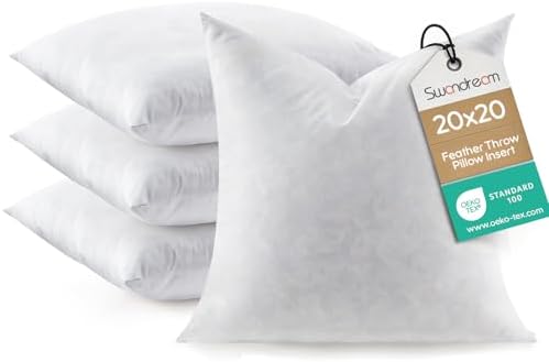 Feather Throw Pillow Inserts Set of 4, Soft Fluffy Square 20 x 20 Inches by Swandream