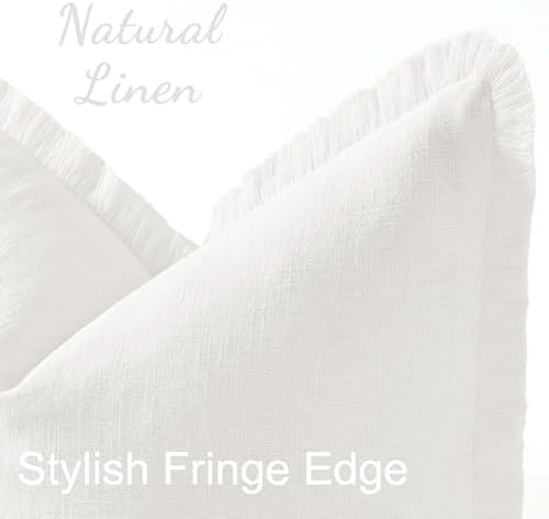 decorUhome Linen Fringe Cream White Throw Pillow Covers 26x26 Set of 2 - Image 2