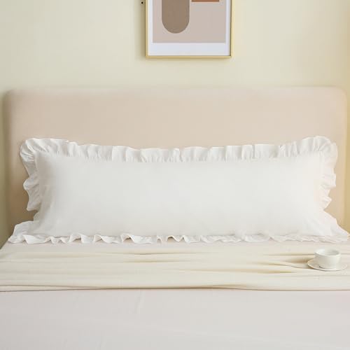 Off White Ruffled Body Pillow Cover 20x54, Washed Cotton Sham by Jilboo