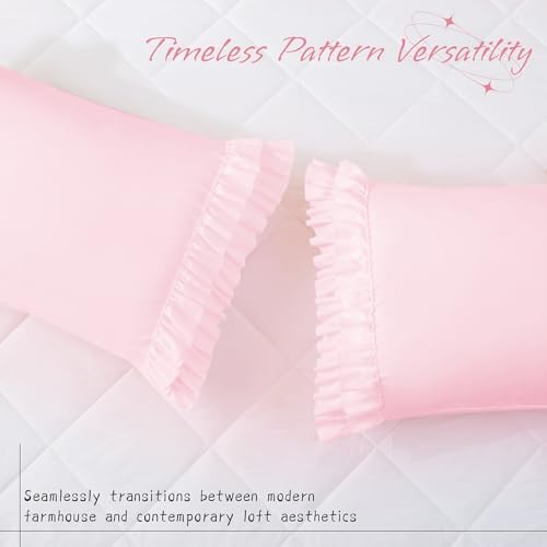 Vonty Pink Ruffled Pillow Cases Set of 2, Standard Size, 20x26 Inch - Image 2