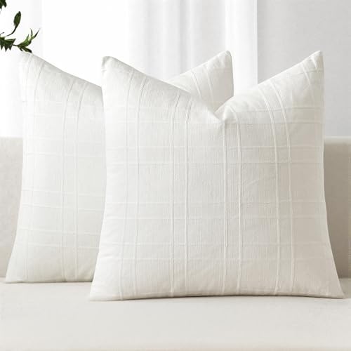 MIULEE Linen Plaid Pillow Covers Decorative 18x18 Cream White by MIULEE