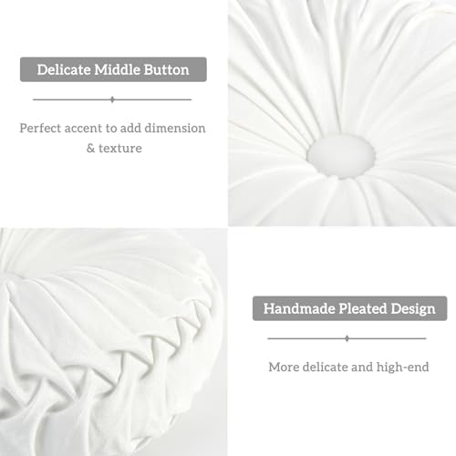 HIG Set of 2 Off White Velvet Decorative Round Pleated Throw Pillows - Image 4