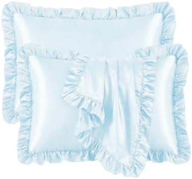 Set of 2 Ruffle Satin Queen Pillow Cases 20x30 in Baby Blue by QJFabricCO