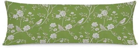 Sage Green Chinoiserie Cherry Blossom Bird 20x54 Body Pillow Cover, Vintage by PIUD