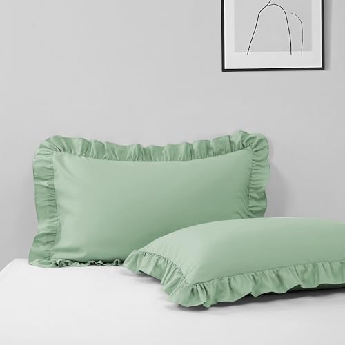 Ruffle Pillow Case Queen Size Set of 2, Light Green by Unknown