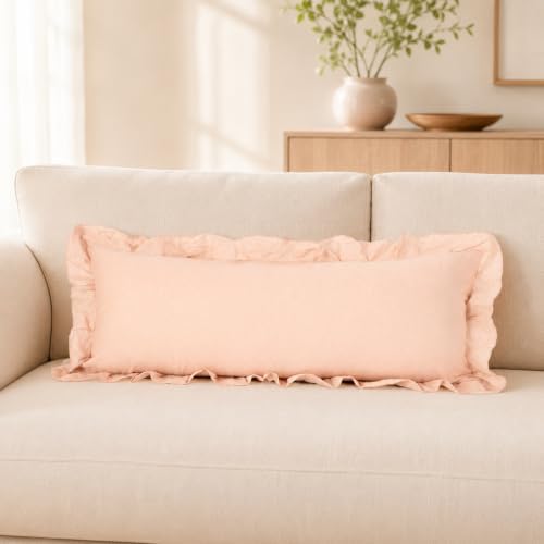 JoraLion Ruffled Lumbar Pillow Cover 14x36 Solid Blush Pink by JoraLion