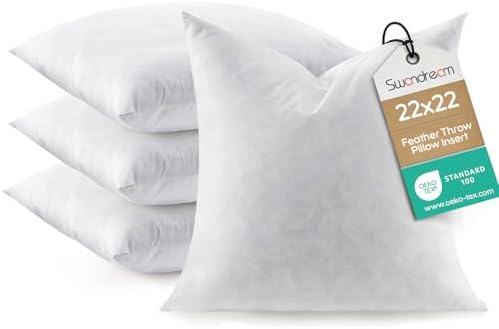 Feather Throw Pillow Inserts Set of 4, Soft Fluffy Square 22 x 22 Inches by Swandream