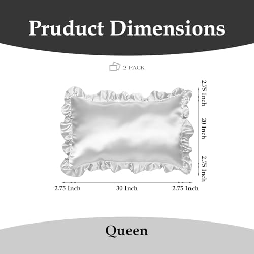 Set of 2 Ruffle Satin Queen Pillow Cases 20x30 inch White - Image 2