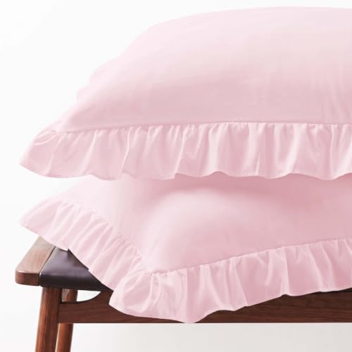 Set of 2 Brushed Microfiber Ruffle Pillow Cases Queen Size Pink by FMLIUY