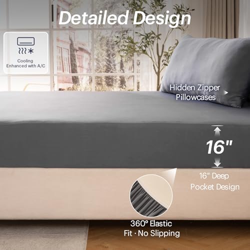OMERAI 3PCS Cooling Sheet Set King, Breathable Bed Sheets, Drak Grey - Image 3
