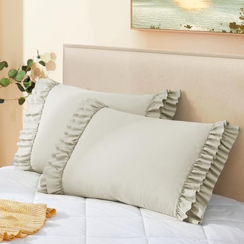 Vonty Taupe Ruffled Pillow Cases Set of 2, Standard Size, 20x26 Inch by CreateCozyLife