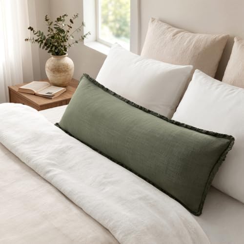 MIULEE 14x36 Long Linen Fringe Lumbar Pillow Covers Set of 1 Olive Green - Image 6