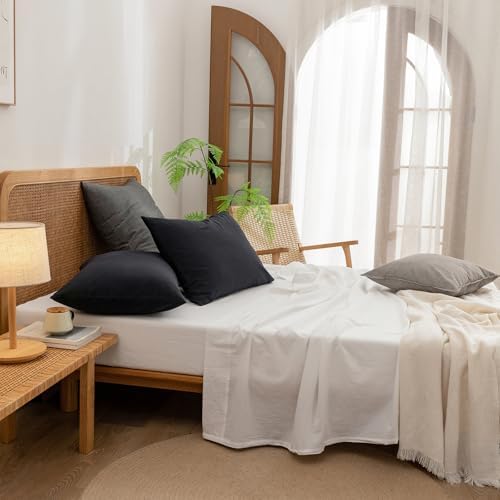 BESTOUCH Washed Cotton Pillowcases Linen Feel Dark Black Standard - Image 5