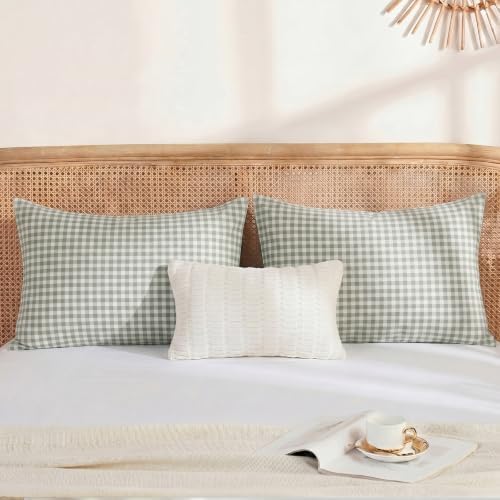 Merryword 100% Cotton Pillow Cases, Standard Size, Sage Gingham Pillowcases - Image 4
