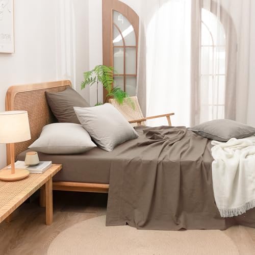 BESTOUCH Washed Cotton Pillowcases Linen Feel Pine Bark Brown Euro - Image 5
