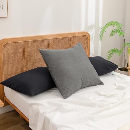 BESTOUCH Washed Cotton Pillowcases Linen Feel Dark Black Queen - Image 2