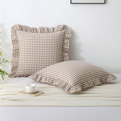 Gingham Throw Pillow Covers 24x24, Warm Taupe White - Image 2