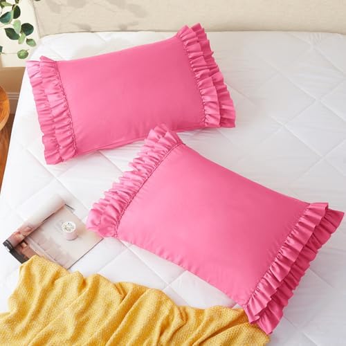 Vonty Hot Pink Ruffled Pillow Cases Set of 2, Queen Size, 20x30 Inch - Image 3