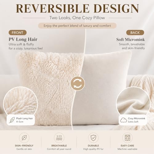 REAFORT Long Hair Faux Fur Euro Sham Cover 26"x26", Hidden Zipper - Image 5