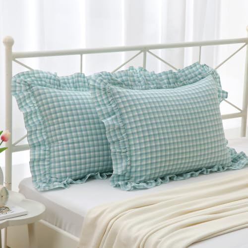 Mywinlle Dusty Blue Checkered Ruffle Bed Pillow Shams Standard Size 20"x26" - Image 2