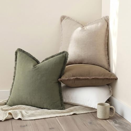 decorUhome Linen Fringe Olive Green Throw Pillow Covers 18x18 Set of 2 - Image 5