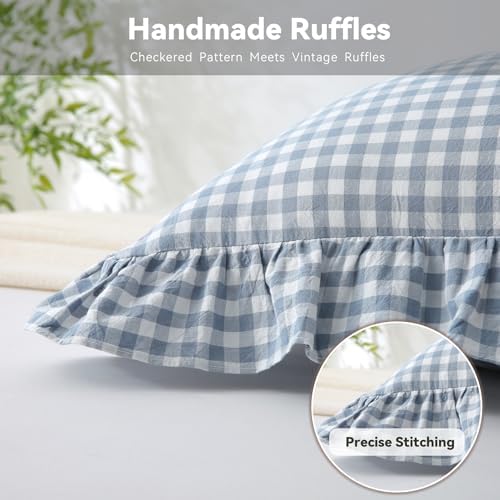 Gingham Throw Pillow Covers 24x24, Dusty Blue, Ruffle Trim, 2 Pack - Image 5