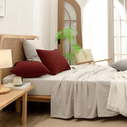 BESTOUCH Washed Cotton Pillowcases Linen Feel Fired Brick Red Queen - Image 5