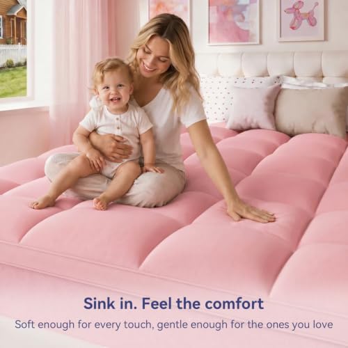 ELEMUSE Full Pink Mattress Topper, Thick Pillow Top Bed Topper Mattress Pad - Image 3