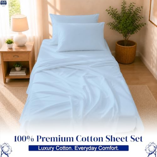 Cottingon 4 PC Cot Sheet Set 25"X75", Egyptian Cotton, Light Blue - Image 2