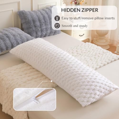 XeGe Bubble Fluffy Faux Rabbit Fur Decorative Body Pillow Cover 20x54 White - Image 5