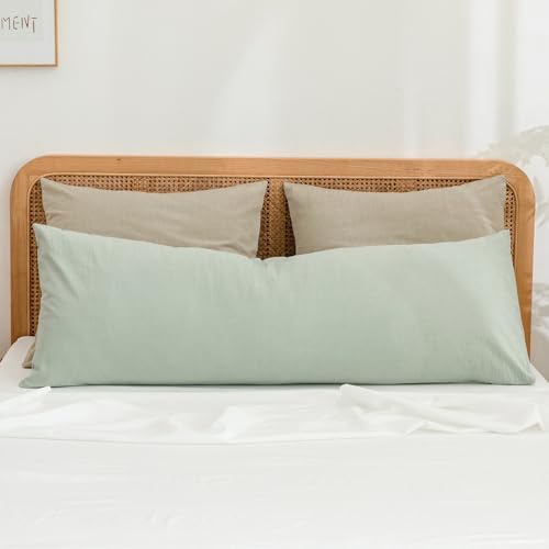 BESTOUCH Washed Cotton Pillowcases Linen Feel Almond Milk Grey Euro - Image 3