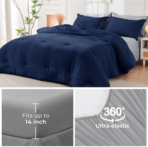 HYMOKEGE Navy Blue/Light Grey Queen Comforter Set Seersucker 7 Pieces, All - Image 6