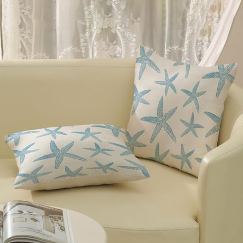 Blue Starfish Pillow Covers 18x18 Set of 2 Coastal Throw Pillows Spring Summer - Image 4