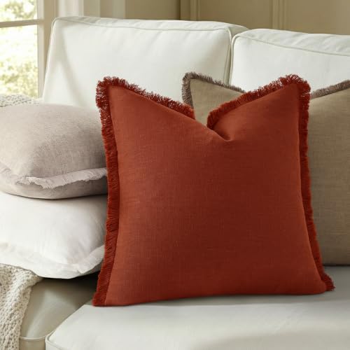 decorUhome Linen Fringe Rust Throw Pillow Covers 22x22 Set of 2 - Image 3