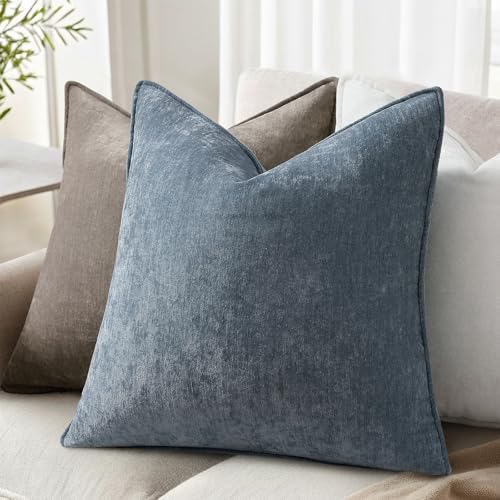 decorUhome Chenille Haze Blue Velvet Throw Pillow Covers 24x24 Set of 2 - Image 6