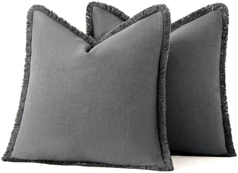 MIULEE Boho Linen Fringe Decorative Throw Pillow Covers Dark Grey 18x18 - Image 6