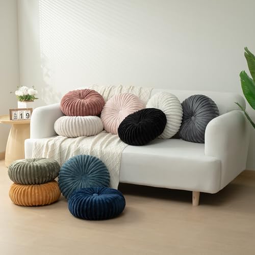 HIG Set of 2 Black Flannel Decorative Round Pleated Throw Pillows - Image 6