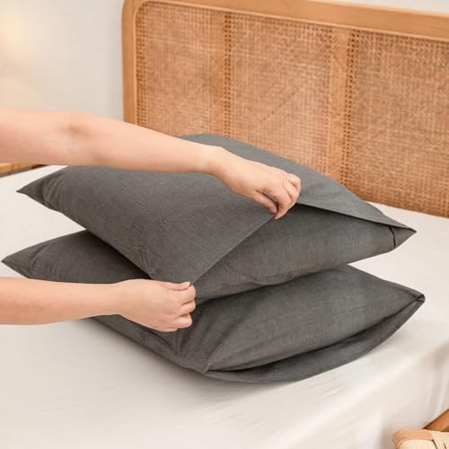 BESTOUCH Washed Cotton Pillowcases Linen Feel Dark Grey Standard - Image 3
