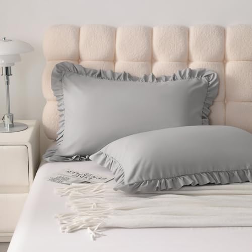 Ruffled King Pillow Shams, 2 Pack, 20x36 Inches, Light Grey - Image 2