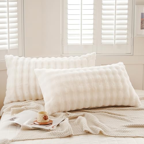 Set of 2 Faux Fur Pillowcases, Luxury Bubble Waffle Carved Plush King Size by Uhamho